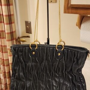 Miu Miu Black Ruched Shoulder Bag with Gold Chain Handles